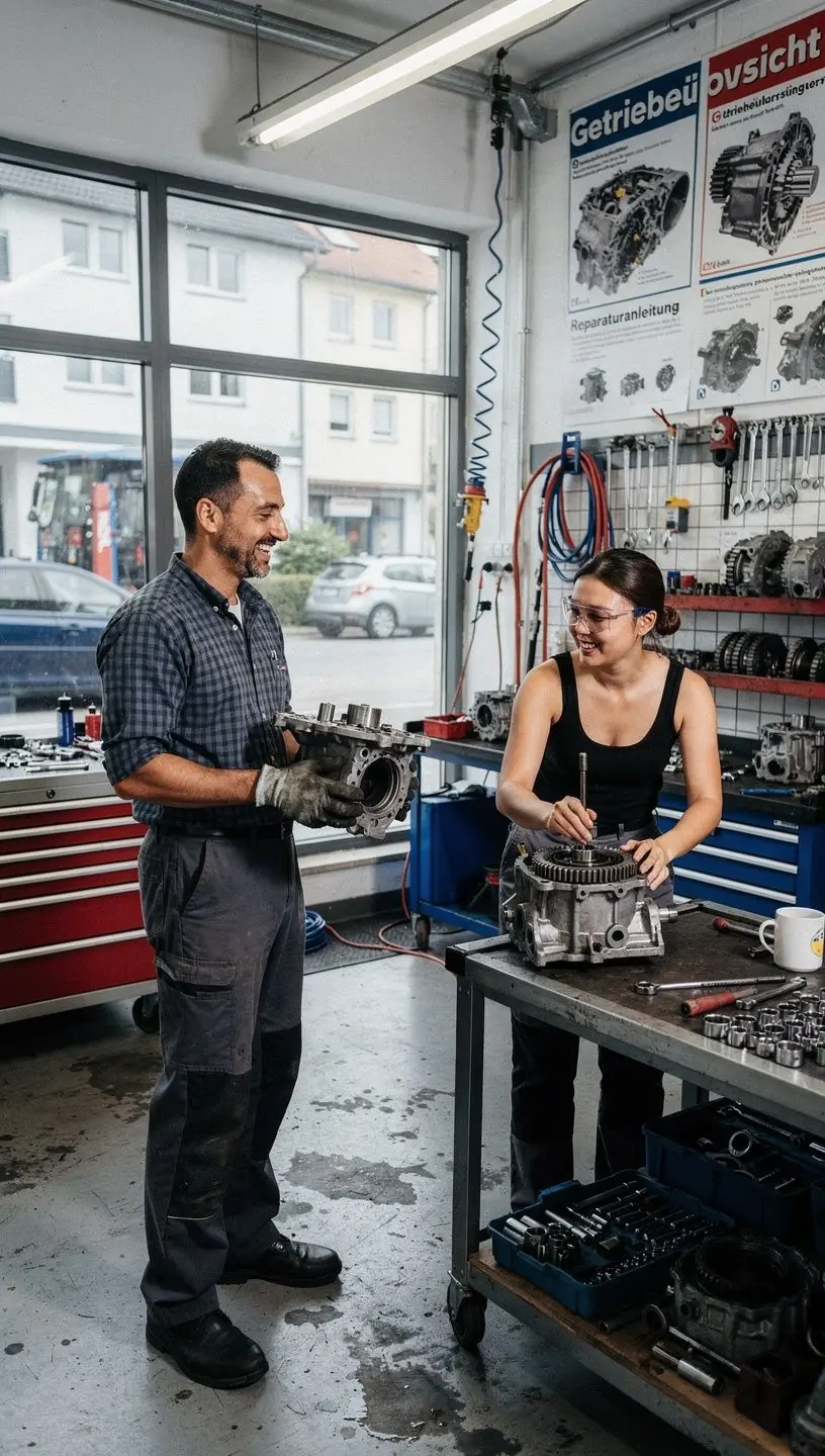 Fachkraft reinigt und schmieren wichtige Komponenten eines Schaltgetriebes